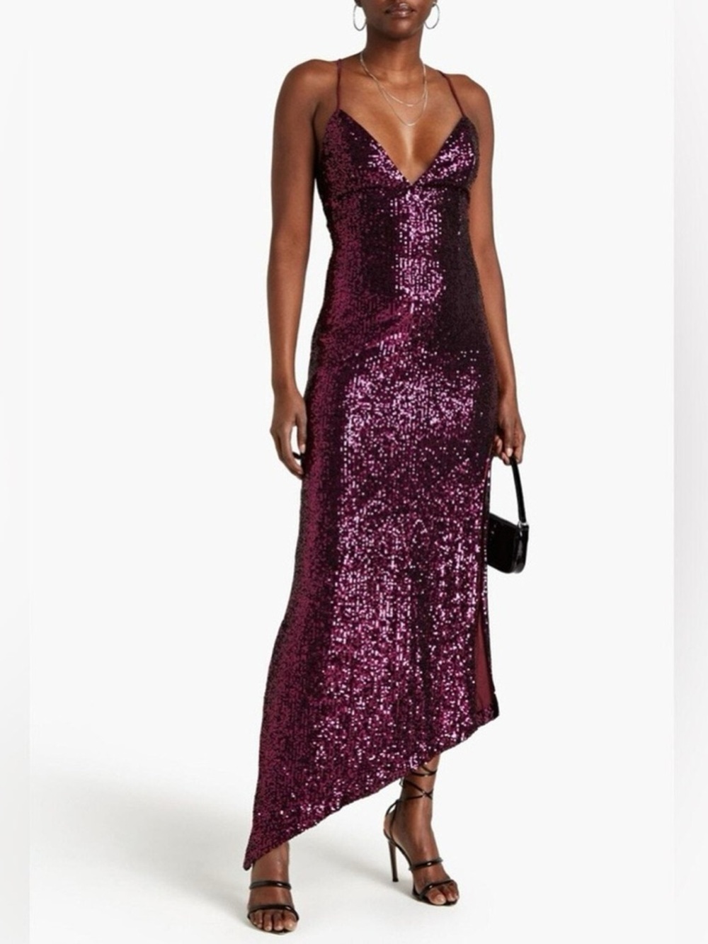 RETROFETE Currant-Violet Sequin Asymmetrical Tie-Back Gown Maxi Dress NWT $960 - Picture 2 of 7